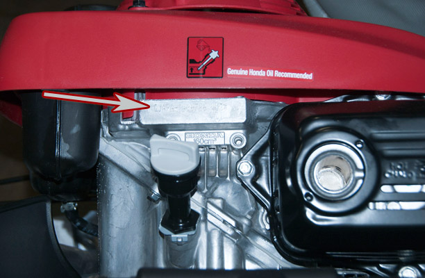 Honda Engine model and serial number location on a Honda push mower