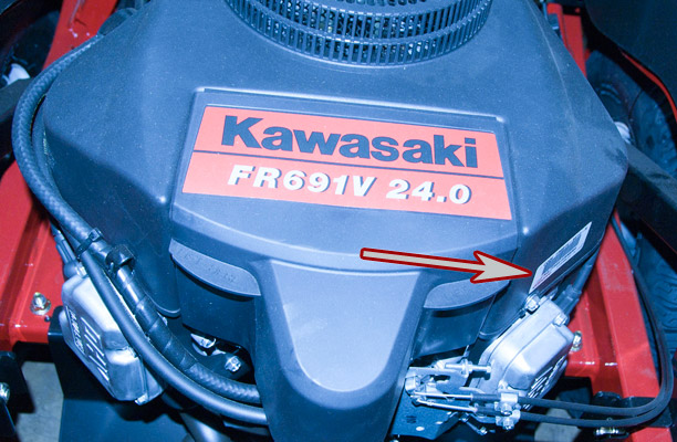 Kawasaki Model and Spec Number Location on a Toro Titan Zero-Turn Mower