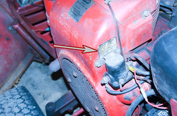 Kohler Model and Spec Number Location on a Wheel Horse C100 Mower